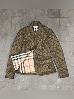 Burberry Brit Quilted Puffer Jacket Lightweight Olive Green Novacheck Women's XS